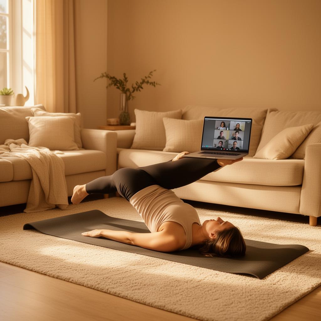 Person doing Pilates at home on a Zoom call